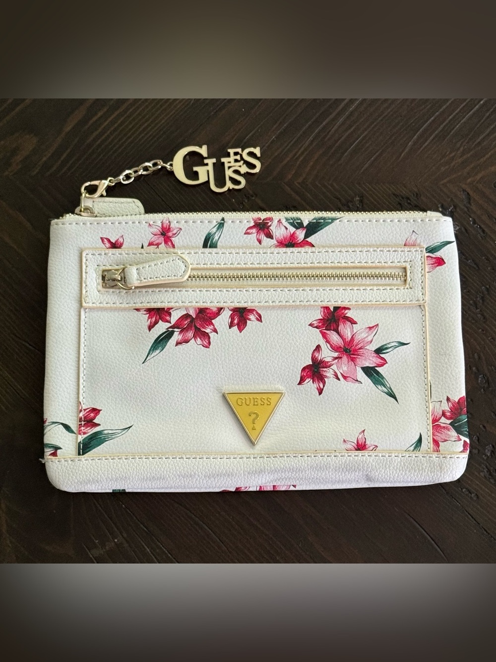 Guess Floral Print White Wristlet with Pink Flowers and Gold Trim